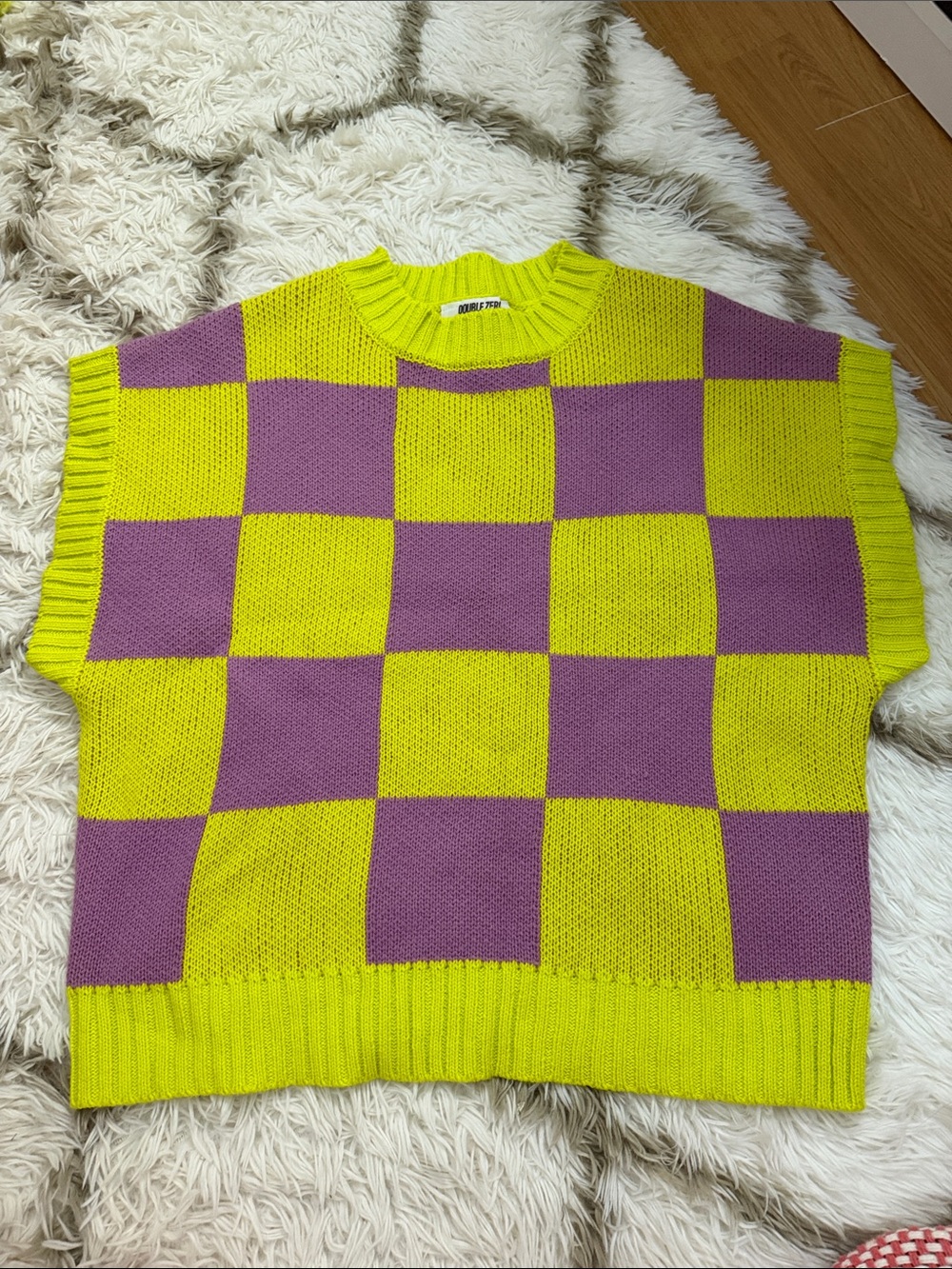 Double Zero Checkerboard Crewneck Sweater Vest in Bright Yellow and Lavender